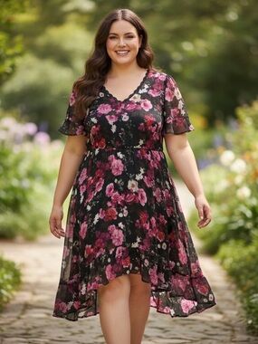 Torrid 3 Black/Pink Floral Gauze Flutter Sleeve V Neck Midi asymmetrical Dress